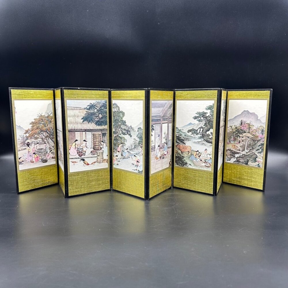 Vintage Korean Village Life Mini Folding Screen Art Decor Tabletop Display Asian